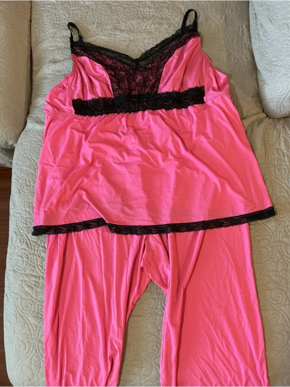 RHONDA SHEAR Hot Pink Camisole & Pants Sleep Set with Black Lace 3XL XXXL NWOT